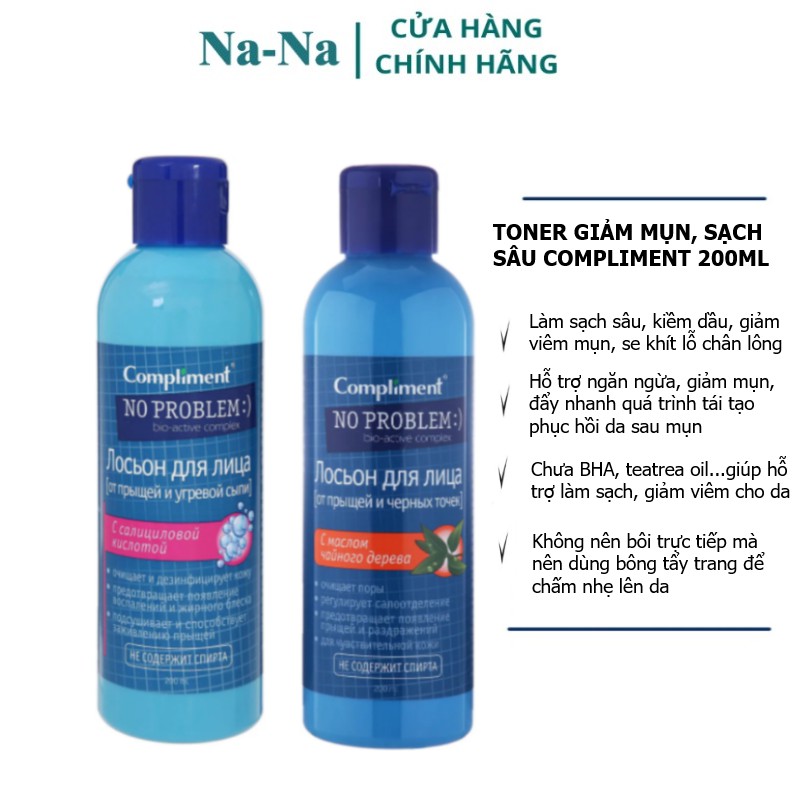 Toner Compliment No Problem 200ml chứa BHA giúp làm sạch sâu, kiềm dầu, giảm viêm, giảm mụn hàng Nga chính hãng