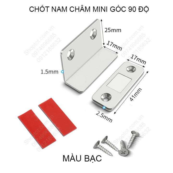 Chốt nam châm mini loại góc 90 độ lắp cho cánh cửa tủ, ngăn kéo bàn, có băng dính 2 mặt và vít kèm theo