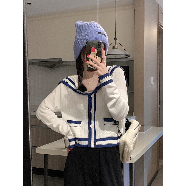 Áo khoác cardigan ZHELIHANGFEI dệt kim cổ thủy thủ eo cao gợi cảm hợp thời trang