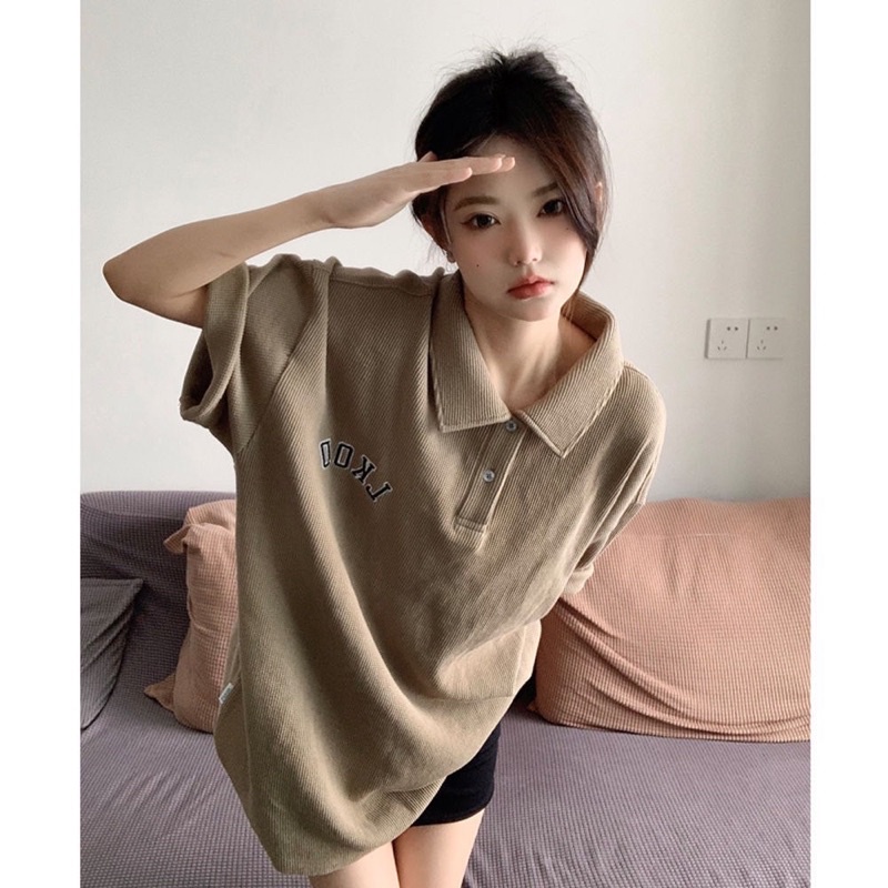 Áo polo Nâu Tây LKOO Tay Lỡ Nữ Meenystore- Thun Chùm Mông Form Rộng Thêu Chữ, Vintage Phong Cách Ullzang