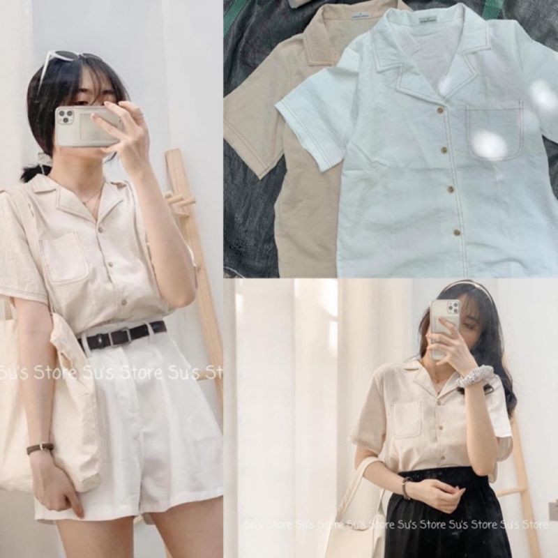 Áp sơ mi thô đũi viền cổ, Áo kiểu nữ cộc tay