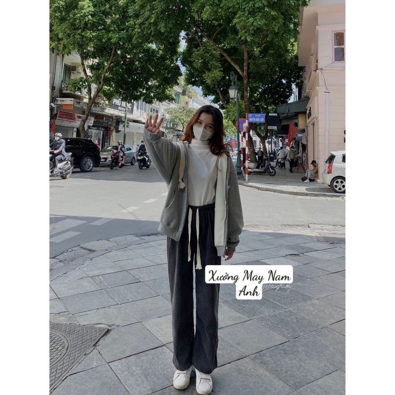 Quần ống rộng phối dây rút cạp cao siêu hack dáng