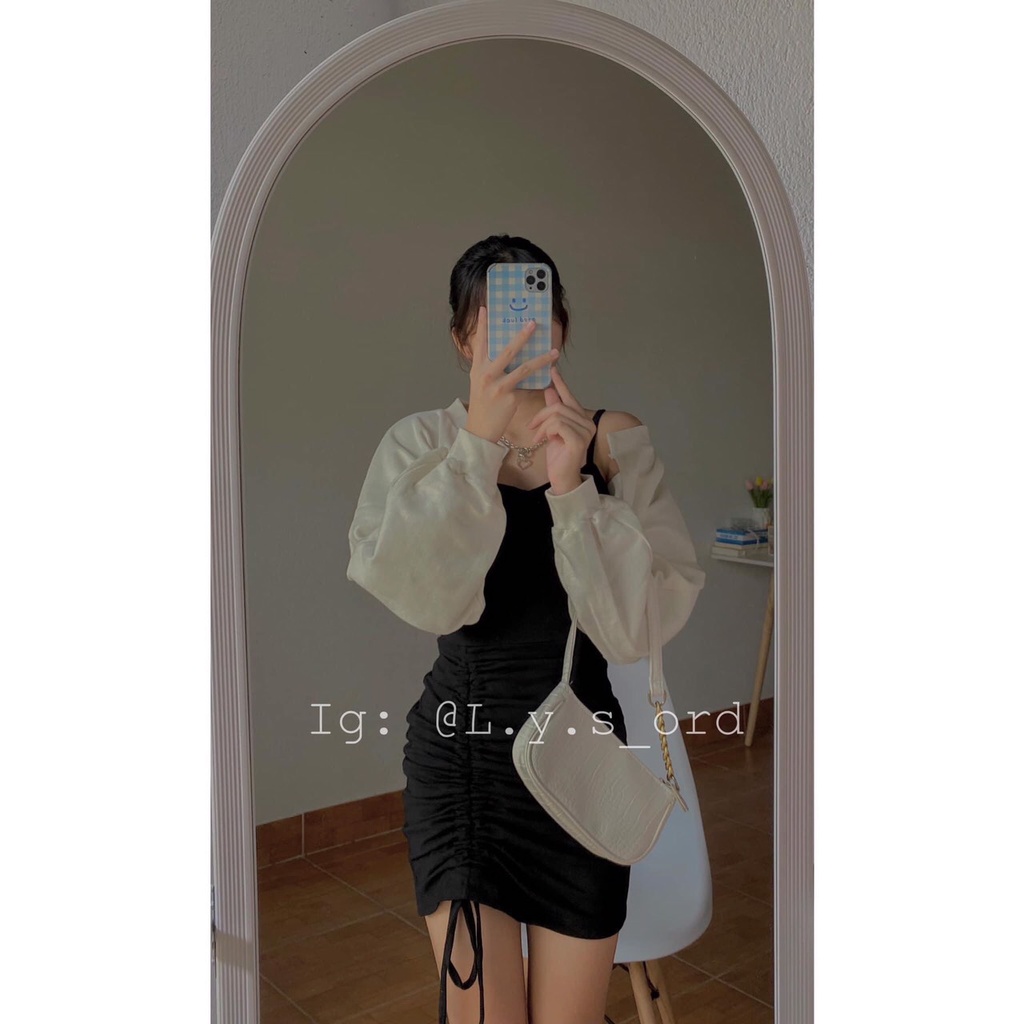 Set đồ đi chơi romwe áo khoác trắng cardigan kèm váy hai dây rút đùi form dưới 60kg thời trang Hàn Quốc