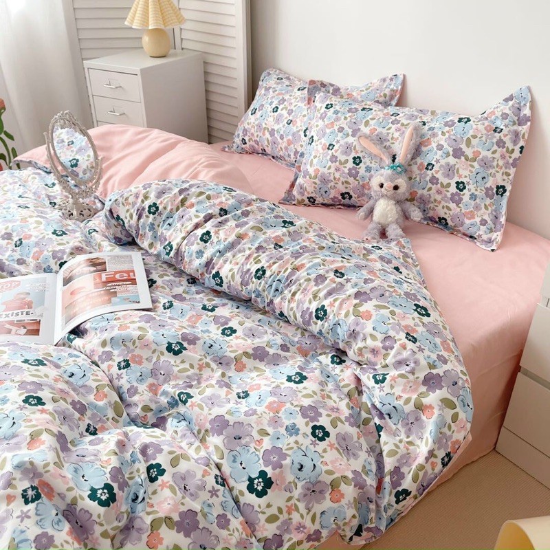 Bộ Drap &amp; Chăn Phao Cotton Poly Hoa Ngũ Sắc