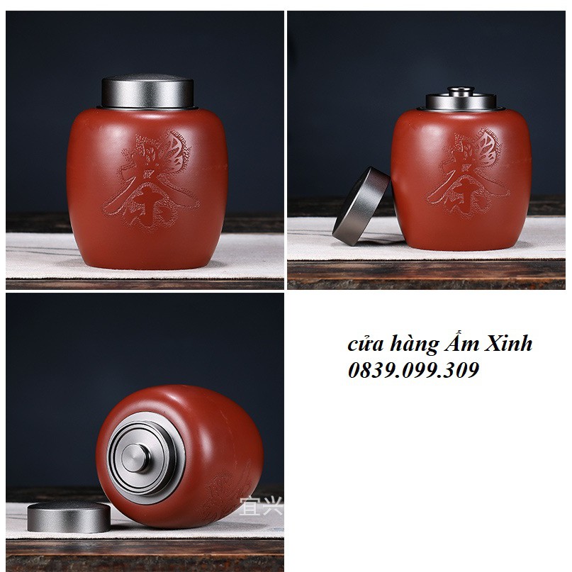 (Tử Sa) Hũ đựng trà nắp thép không gỉ 02 lớp siêu khít loại lớn (Đại Hồng Bào)