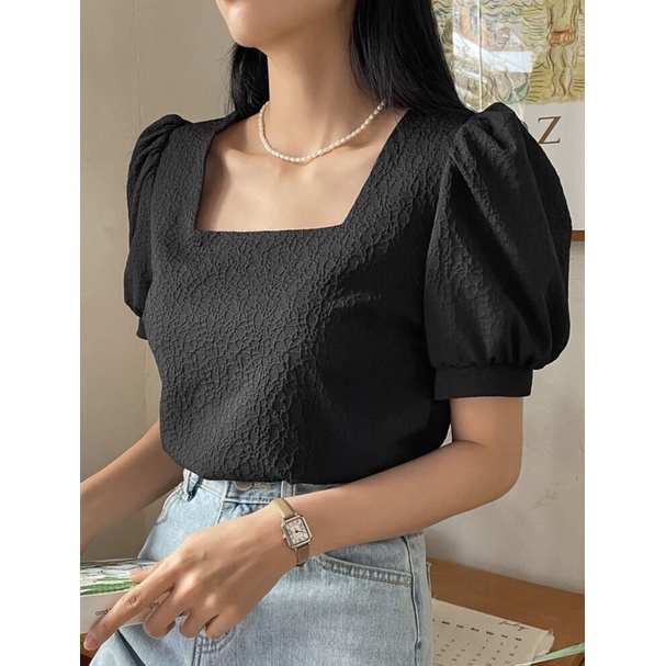 Áo sơ mi nữ tay phồng cổ vuông chất liệu mềm mát dễ thương