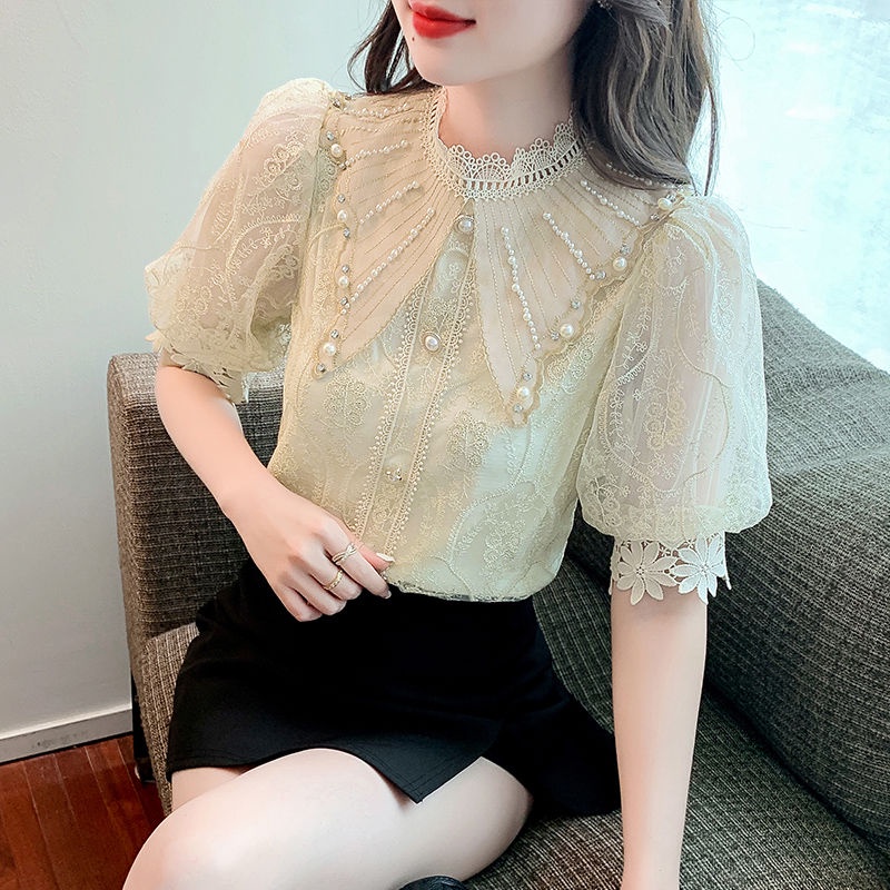 Áo Sơ Mi Chiffon Tay Phồng Ngắn Phối Ren Thời Trang Mùa Hè Hàng Mới Dành Cho Bạn Nữ