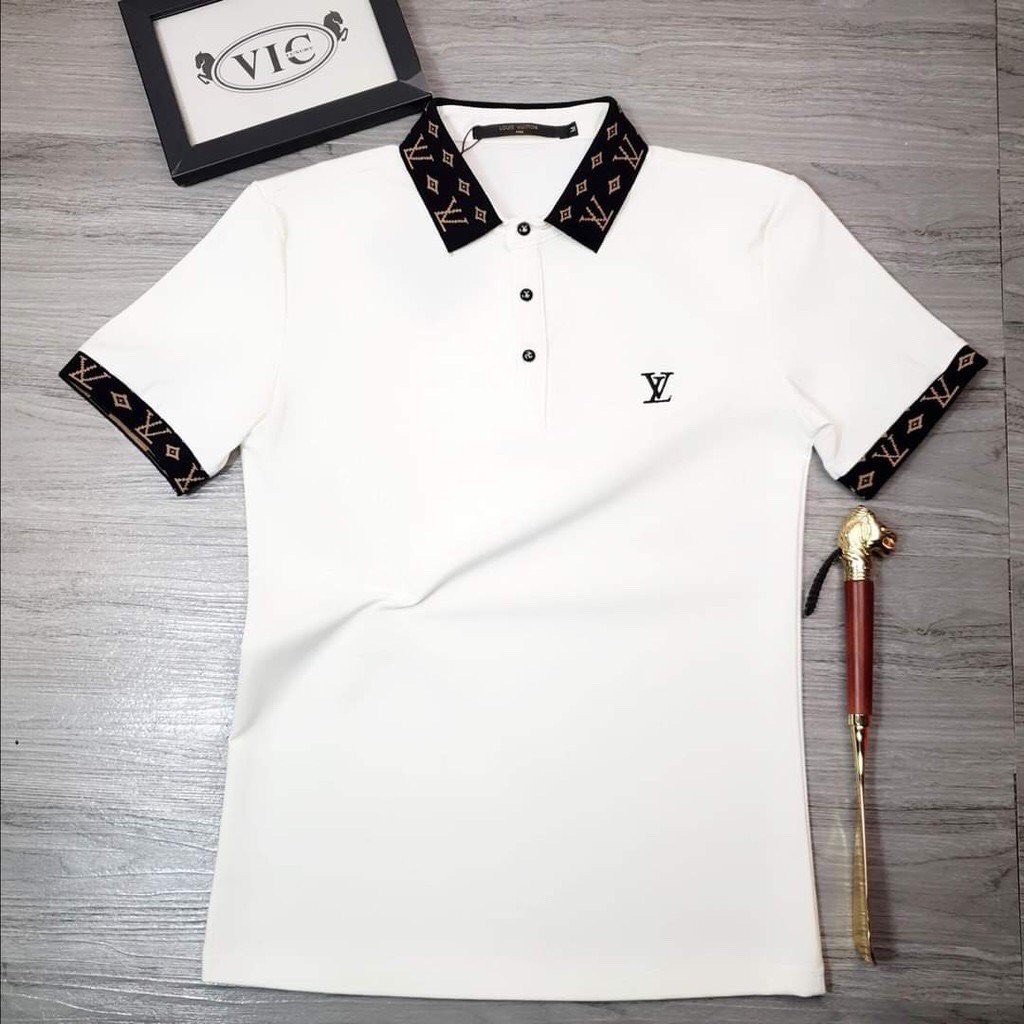 Áo thun nam cổ bẻ thêu họa tiết trang nhã vải cotton co giãn cao cấp