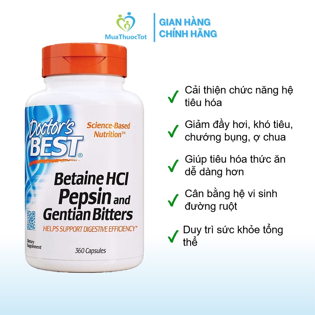 Doctor's Best Betaine HCL Pepsin Gentian Bitters Viên Uống Hỗ Trợ Hệ Tiêu Hóa