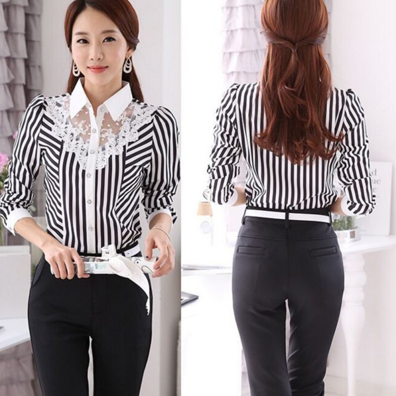 FREESHIP ĐƠN 99K_ Áo Kiểu Tay Dài Phối Ren Hoa Hoạ Tiết Kẻ Sọc Thiết Kế Cổ Bẻ Thanh Lịch