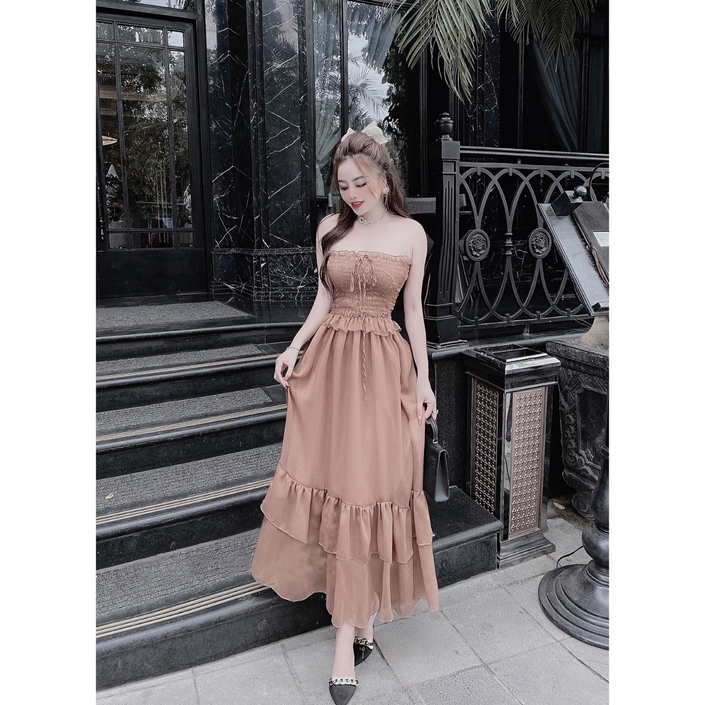 Đầm Maxi Dáng Xòe, Ngực Nhún Bèo Thắt Nơ, Bo Eo Và Đuôi Xòe Bèo 2 Tầng (ETO004) - Vải Tơ - 2 Màu Hồng, Nâu - Mặc Đi Tiệc | BigBuy360 - bigbuy360.vn