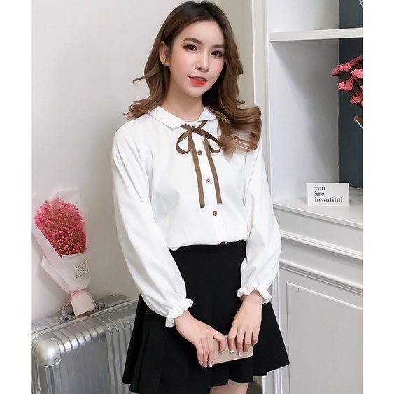 Áo sơ mi nữ trắng dài tay đính nơ cổ đứng babydoll bo chun, Áo sơ mi nữ trắng dài tay bồng cổ buộc nơ siêu xinh
