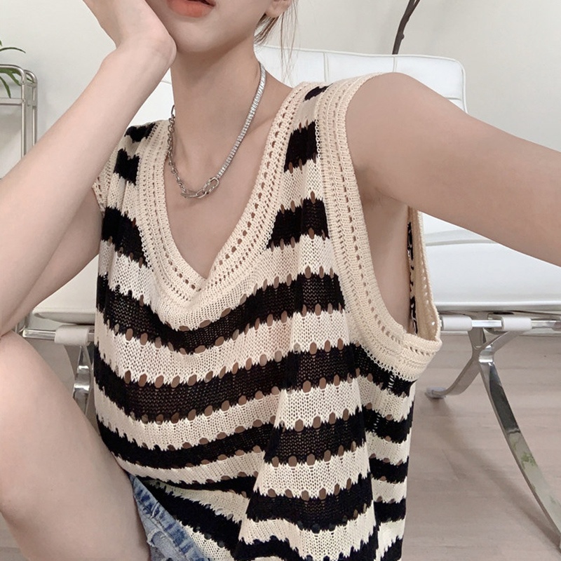 Áo Len Không Tay Dáng Rộng Họa Tiết Kẻ Sọc Thời Trang Mùa Hè Cho Nữ