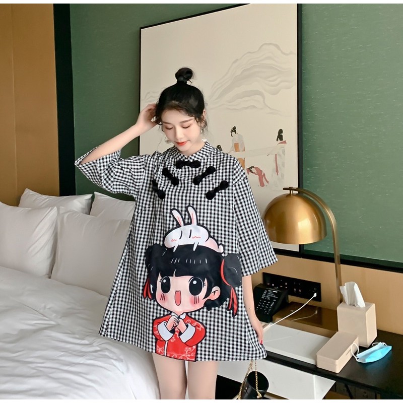 Sườn Xám Caro Hoạt Hình Dáng Suông Rộng | BigBuy360 - bigbuy360.vn