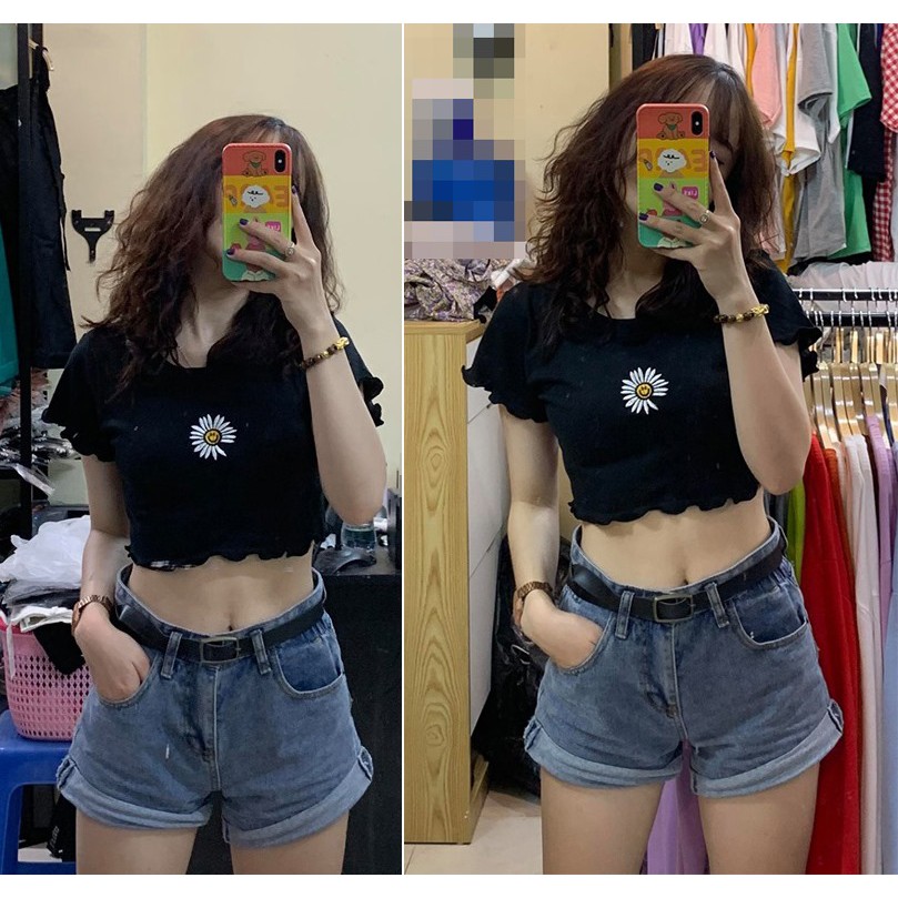 Áo thun croptop thêu hoa cúc mặt cười sẵn 4 màu | BigBuy360 - bigbuy360.vn