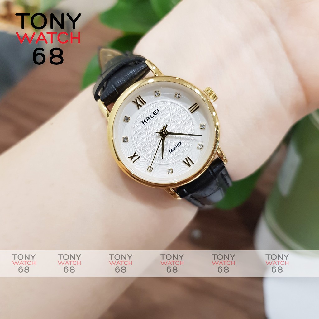 Đồng hồ nữ Halei dây da nâu mặt số la mã nhấn đá chống nước chính hãng Tony Watch 68