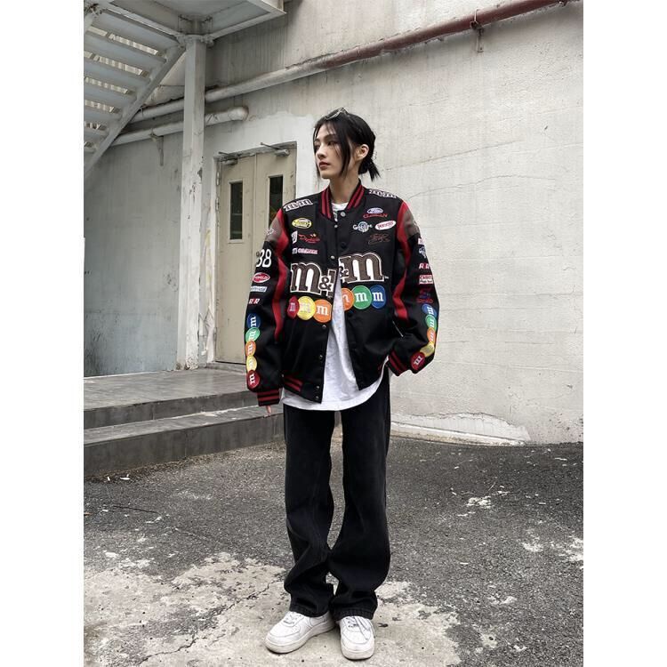 Autumn Winter American Retro Tooling Racing Baseball Uniform Men and Women Loose Hiphop Motorcycle Jacket