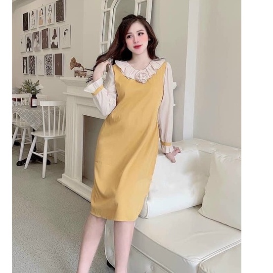Váy Bầu Yếm Thu Đông Công Sở Tay dài Có Cổ Thiết Kế Lịch Sự Dễ Thương Đầm Bầu Đi Làm Dự Tiệc