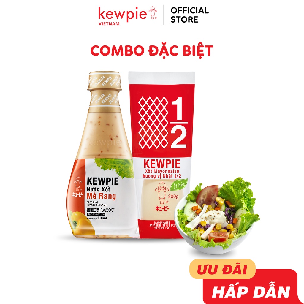 Combo Sức khỏe 1 chai Nước Xốt Mè Rang Kewpie 210ml x 1 chai Xốt Mayonnaise Kewpie Hương Vị Nhật Ít béo 300g