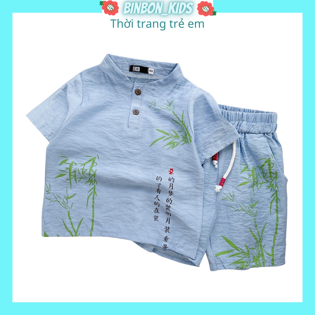 Bộ cộc tay cho bé trai Binbon kids, Đồ bộ bé trai Chất đũi in hình Cây Tre cực mát cho bé 6-28kg QATEA68