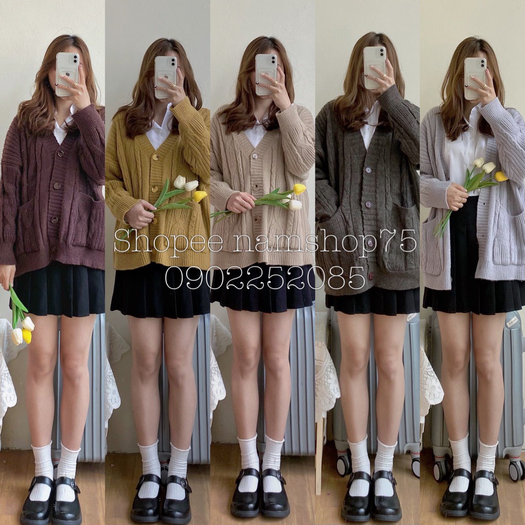 Áo Cardigan Len Vintage 6 Màu [Freeship] Áo Khoác Len Dáng Rộng Dài Tay 4 Khuy Freesize