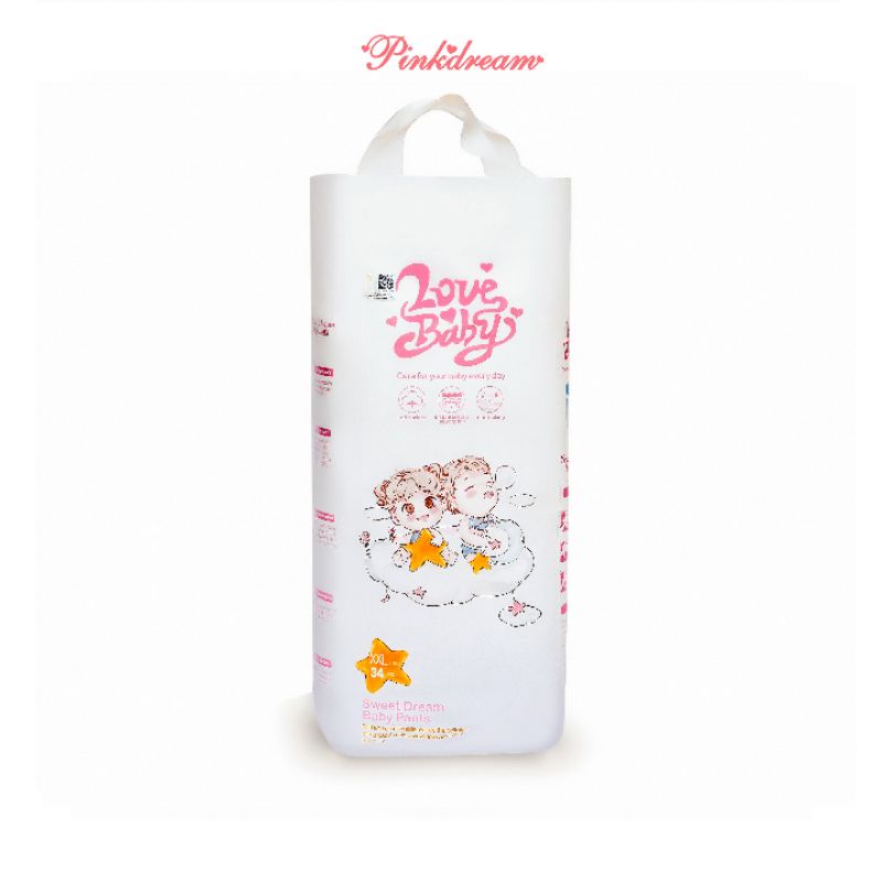 Tã/bỉm quần hữu cơ PinkDream Lovebaby size XXL 34 miếng cho bé trên 15kg