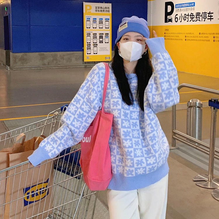 Áo sweater dáng rộng họa tiết sọc caro màu xanh dương sữa phong cách Hàn Quốc thời trang mùa thu cho nữ 2021