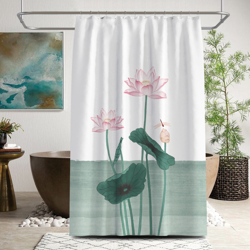 Rèm nhà tắm vải polyester dày dặn in hình hoa sen chống nước