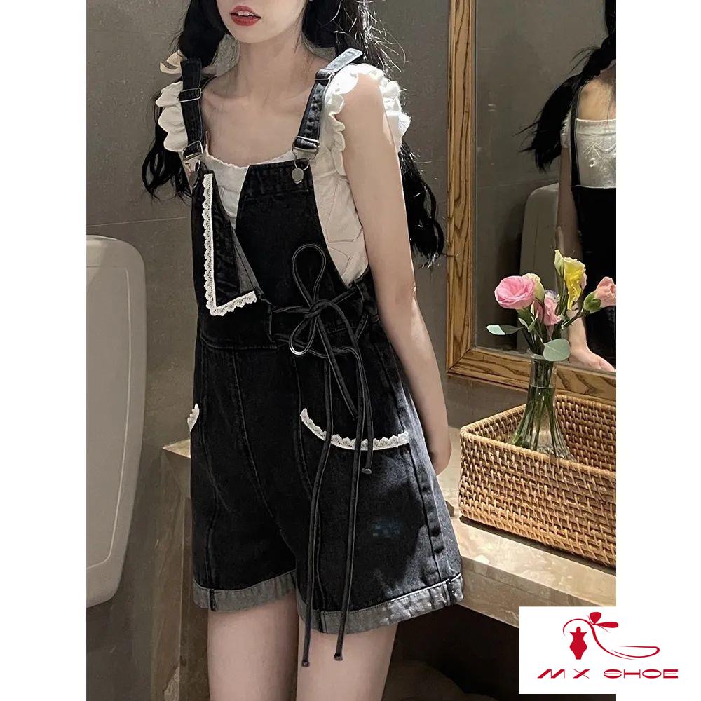 Quần Yếm Denim Ngắn Lưng Cao Ống Rộng Phối Ren Phong Cách Mới 2022 Cho Nữ