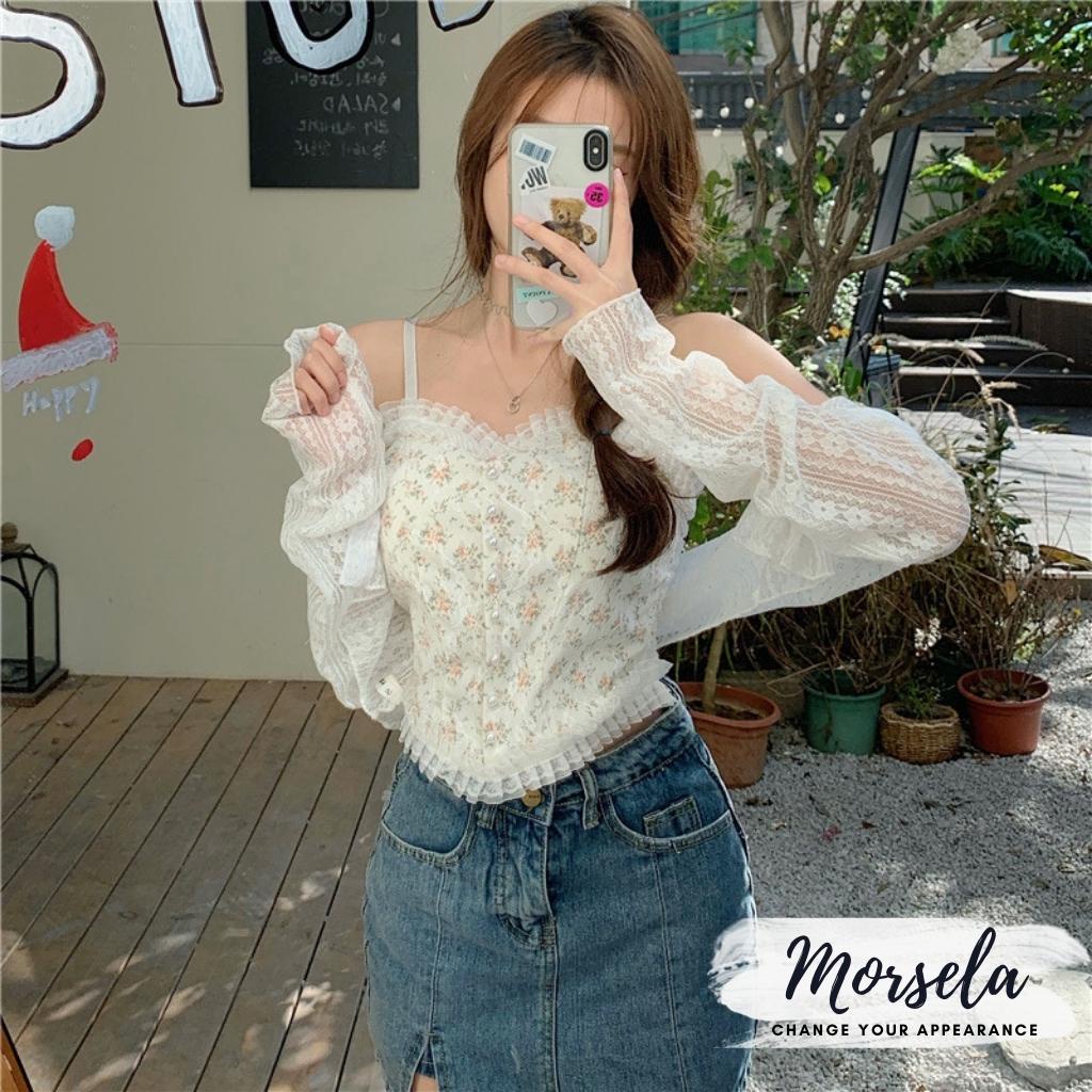 Áo bra ren 2 dây họa tiết hoa nhí viền bèo phối nút phong cách tiểu thư sang trọng - Morsela
