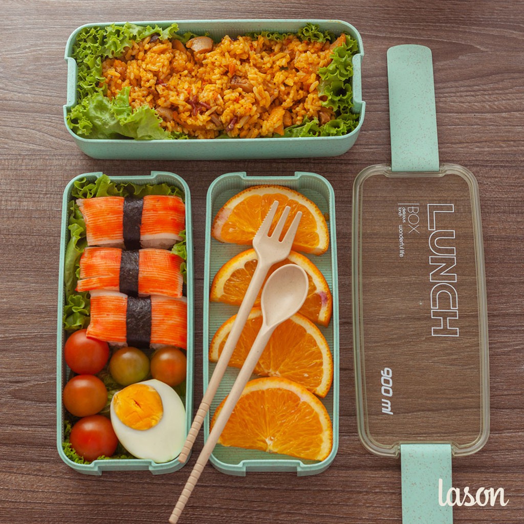 Hộp cơm nhựa Lason lúa mạch, hộp đựng cơm trưa  kèm bộ thìa đũa nhựa HC00118