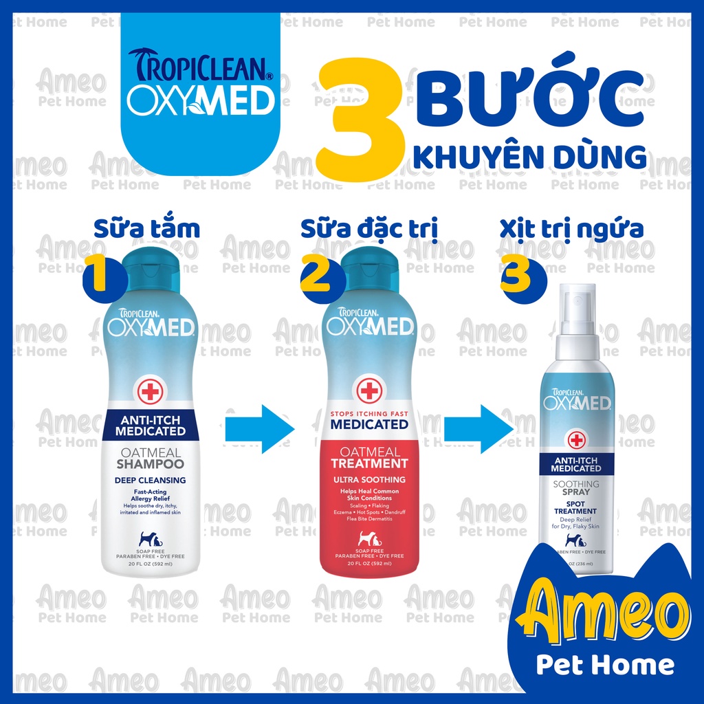 Xịt chống ngứa cho chó mèo do viêm nấm da Tropiclean OXYMED Anti-Itch Soothing Spray chai 236ml (Chính hãng USA)