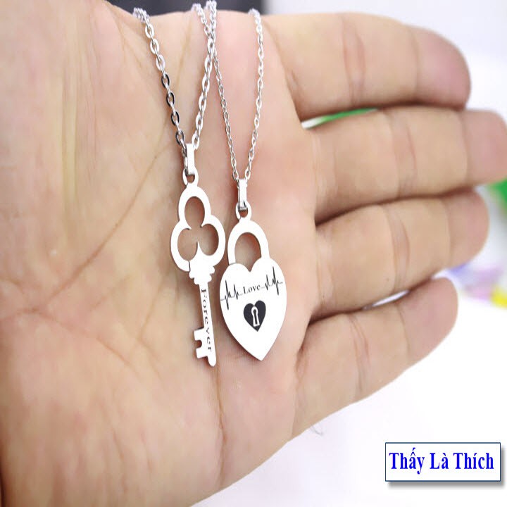 Dây chuyền cặp ổ khóa hình trái tim Love và chìa khóa khắc chữ Forever - Giá bán như trên là 1 cặp = 2 sợi mặt như hình