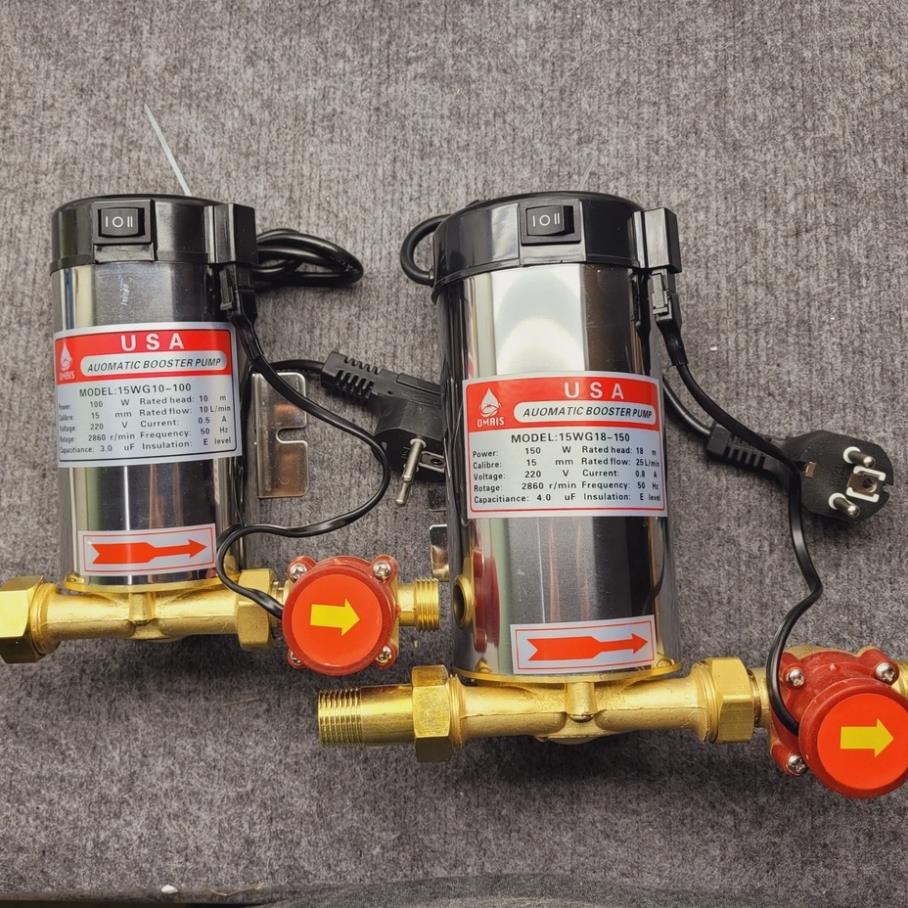 Máy bơm tăng áp cho máy giặt, nóng lạnh, tưới cây (150W) có rờ le tự ngắt -  Bơm sử dụng rotor dây Đồng
