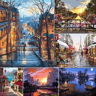 Tranh canvas vẽ sơn dầu theo số tự làm hình phong cảnh đường phố nghệ thuật trang trí nội thất