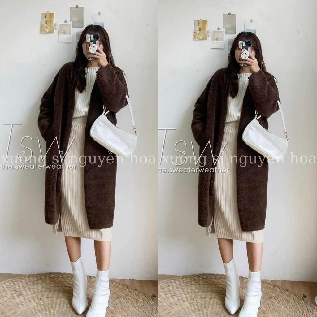 áo khoác lông cừu cardigan dáng dài mặc mùa đông siêu ấm 2  màu trắng nâu đẹp chuẩn ảnh phong cách hàn quốc | BigBuy360 - bigbuy360.vn