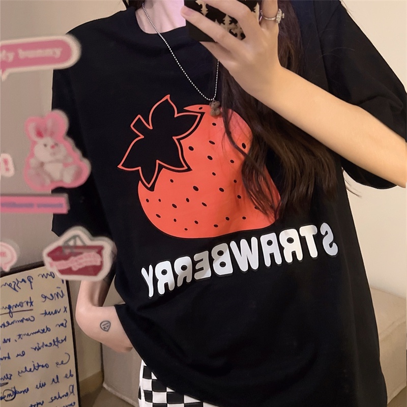 SUXI Áo Thun Ngắn Tay Dáng Rộng In Họa Tiết Trái Cây Đơn Giản Xinh Xắn Cho Nữ