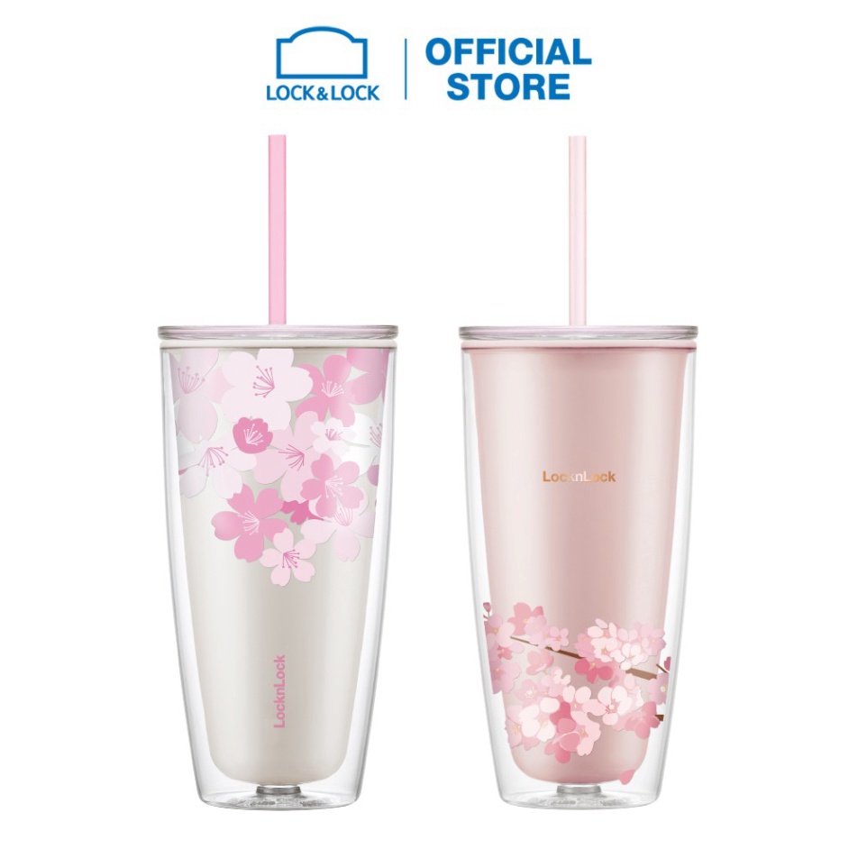 [HÀNG CHÍNH HÃNG] Ly nhựa 2 lớp Lock&Lock Cherry Blossom kèm ống hút double wall cold cup 750ml HAP5
