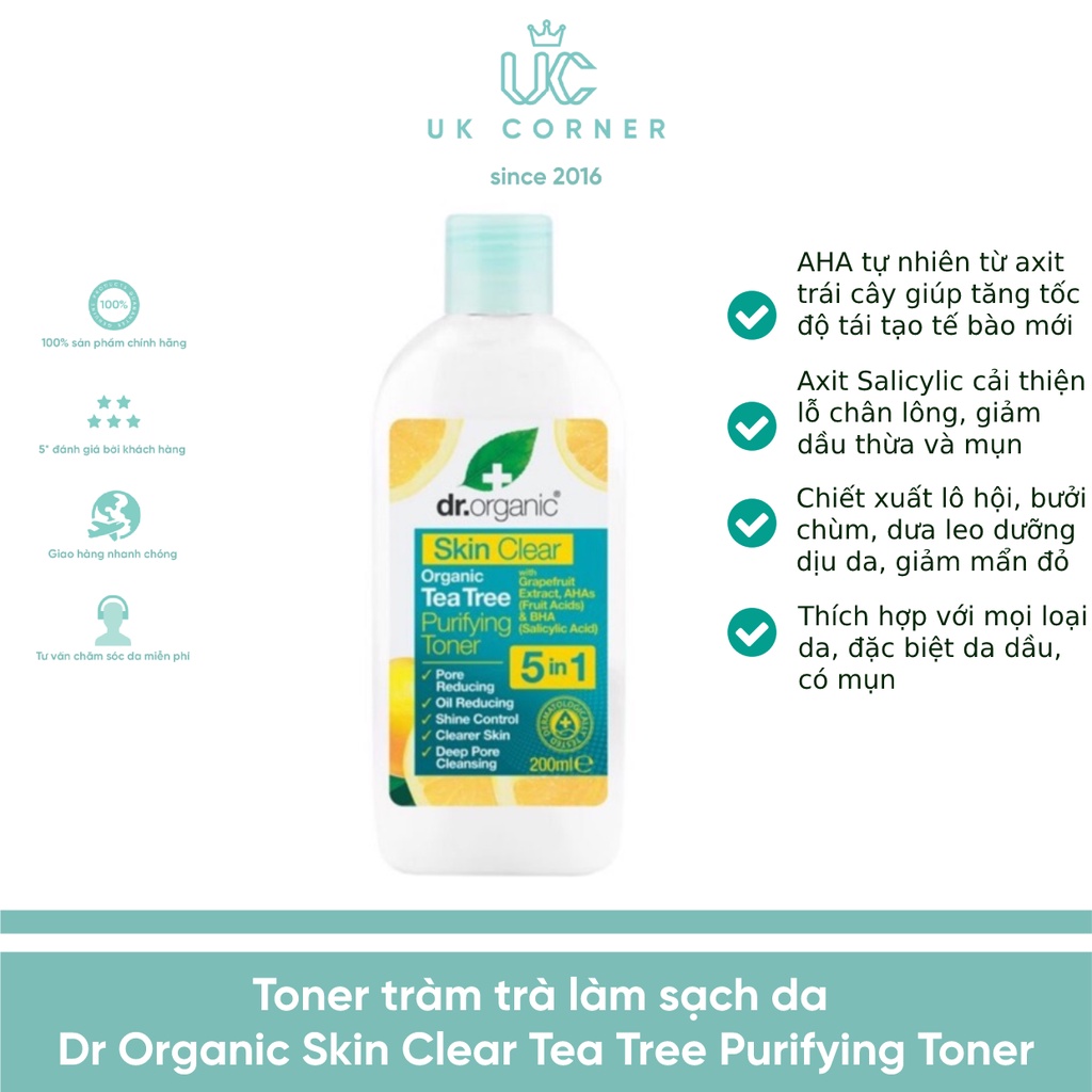 Toner tràm trà làm sạch da Dr Organic Skin Clear Tea Tree Purifying Toner