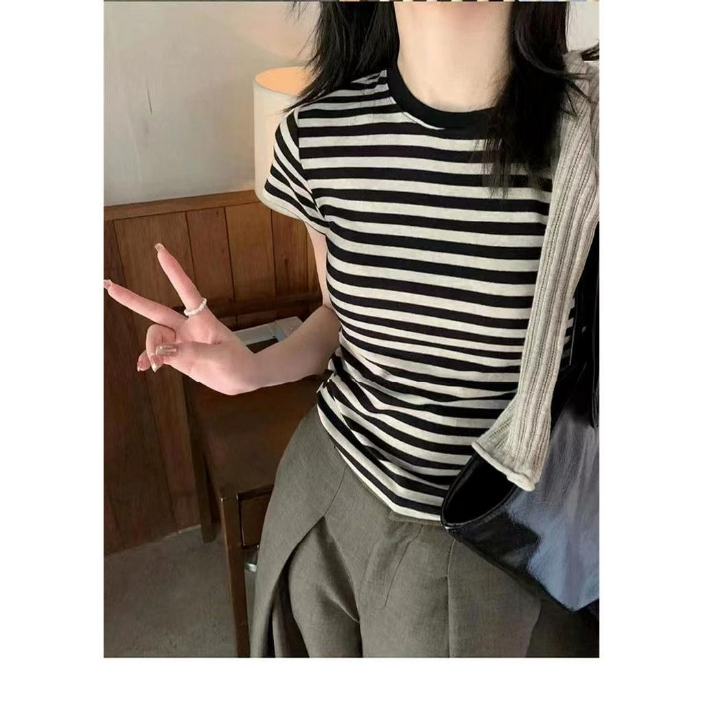 Ethelgirl Áo Thun Tay Ngắn Cổ Tròn Họa Tiết Kẻ Sọc Thời Trang Hàn Quốc Dễ Phối Đồ Cho Nữ