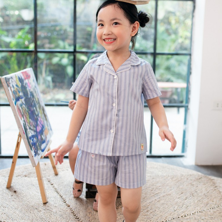 Bộ đồ bé gái CARROT, họa tiết kẻ sọc kiểu dáng pyjama và yukata, chất thô cotton thoáng mát thấm hút mồ hôi tốt