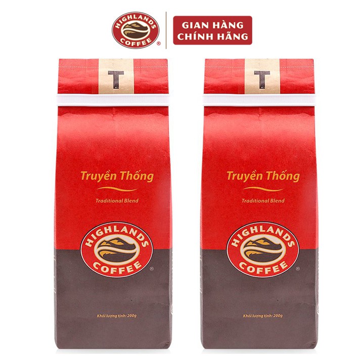 Hai gói cà phê rang xay Truyền Thống Highlands Coffee 200g, cafe pha phin Truyền thống: cà phê arabica + cà phê robusta | BigBuy360 - bigbuy360.vn