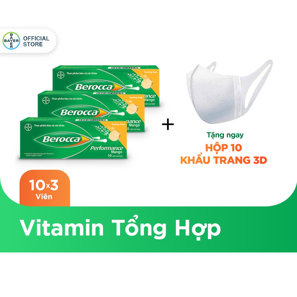 Bộ 3 hộp viên sủi bổ sung Vitamin Berocca Performance Mango 10 Viên/hộp-Tặng10 khẩu trang