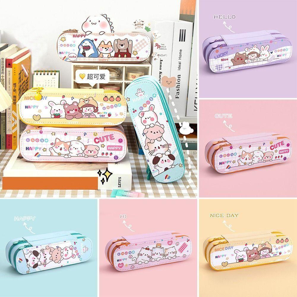 PISTA Túi Đựng Bút Bằng Vải Canvas Hai Lớp Họa Tiết Dễ Thương