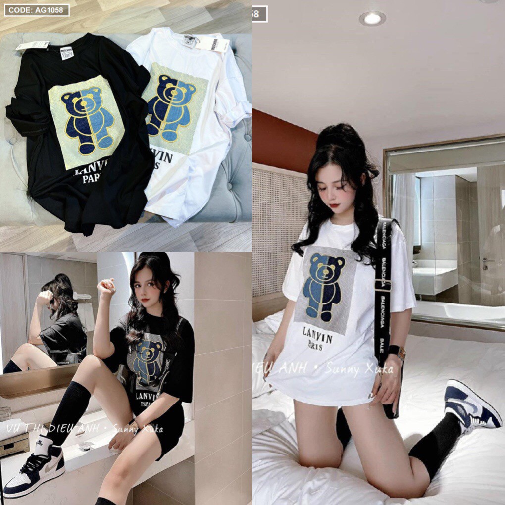Áo thun nữ Quảng châu form rộng thêu hình gấu thun cotton hàng siêu cấp