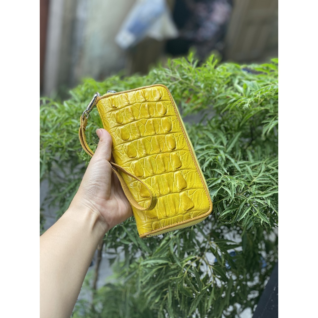 VÍ CẦM TAY DA CÁ SẤU THẬT MÀU VÀNG 100% 1 DÂY KÉO 19.5X9CM