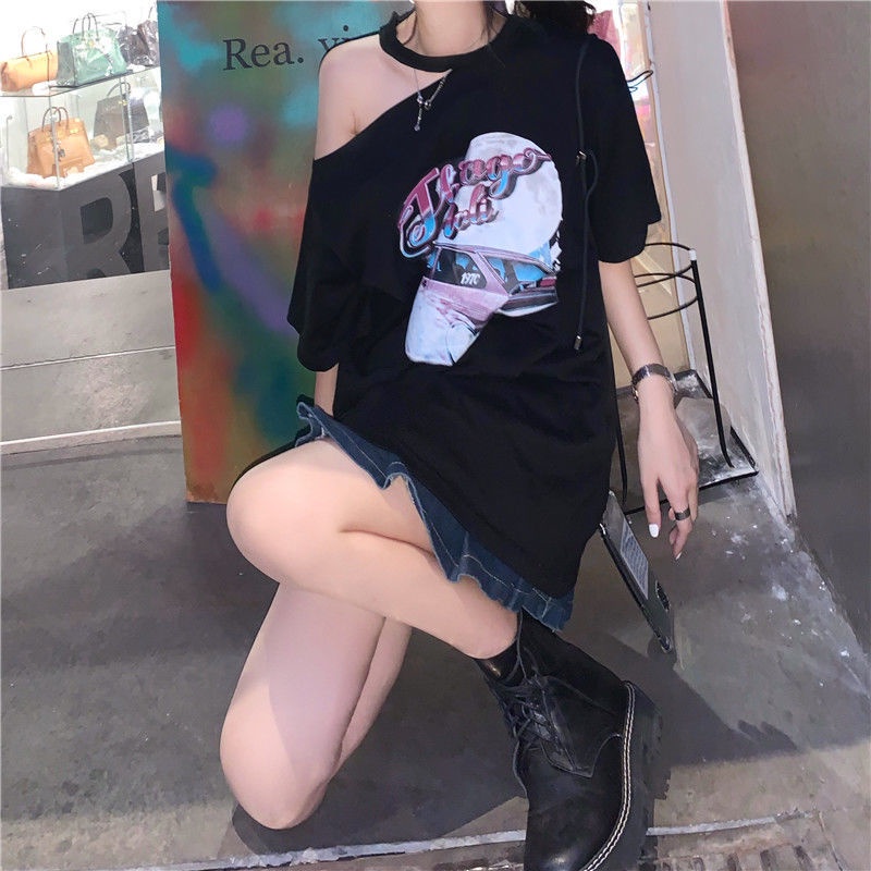 Áo Thun COZOK Tay Ngắn Dáng Rộng Trễ Vai In Họa Tiết Kiểu retro Cá Tính