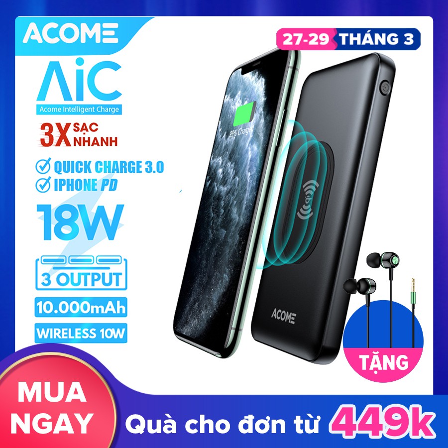 Pin Sạc Dự Phòng 10.000mAh ACOME AP106 Sạc Không Dây Qi 10W - Sạc Nhanh  PD + QC3.0 18W - BẢO HÀNH 18 THÁNG