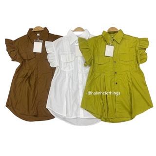 Áo sơmi nữ dáng babydoll tay bèo 4 màu trắng/nâu/xanh cốm/tím