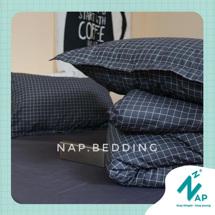( Ảnh Thật )Bộ 4 Món Vỏ Chăn Ga Gối Cotton 80% 3D Caro Đen Cá Tính Basic Cao Câp Nhập Khẩu Size m6/m8/2m - Napbedding